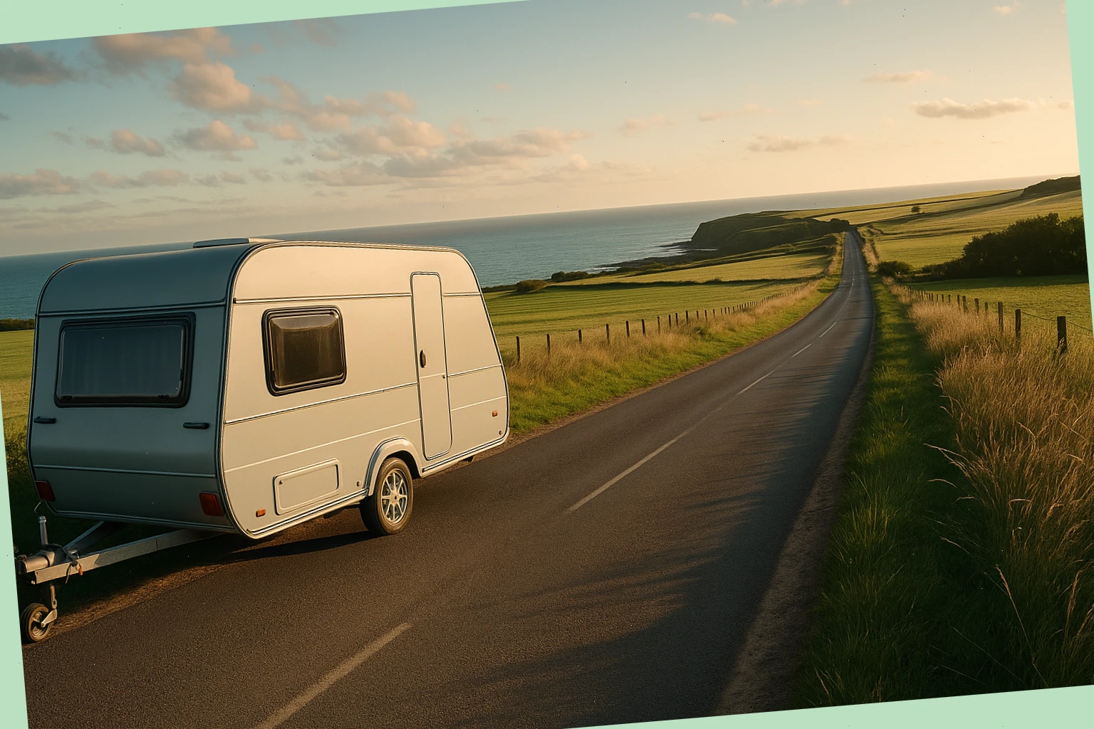 Compact camper trailer parked near a Northumberland hedgerow at dusk