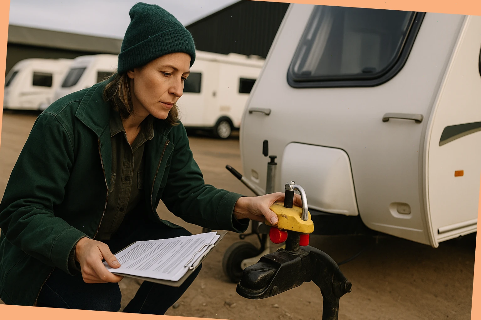 Hire host checking a hitch lock and paperwork at the yard