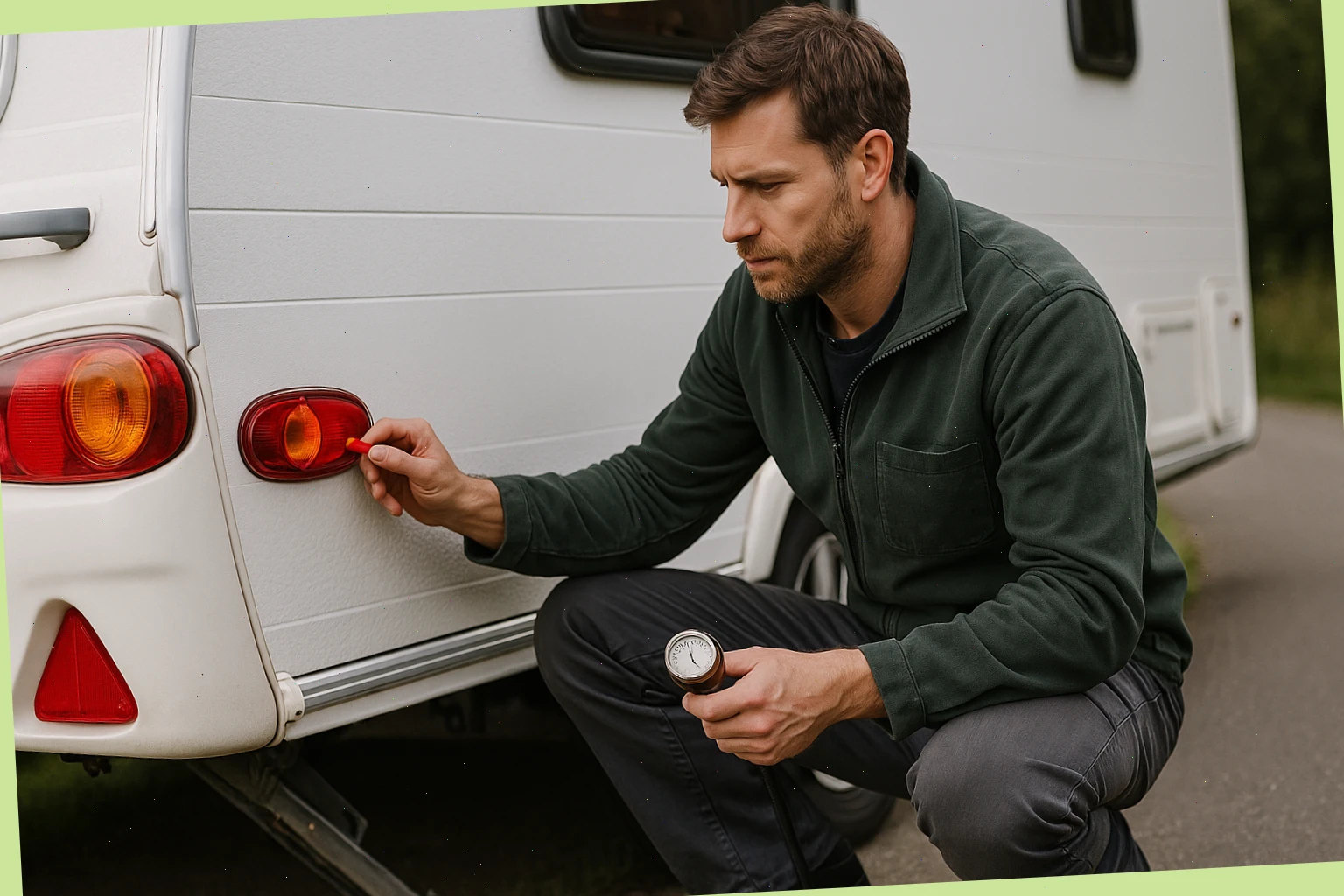 Service technician testing trailer lights and tyre pressures